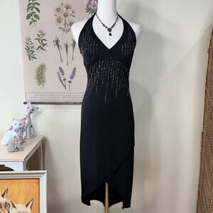 Vintage 90s Y2k Rhinestone Halter Asymmetric Dress Sexy Party Trashy McBling S